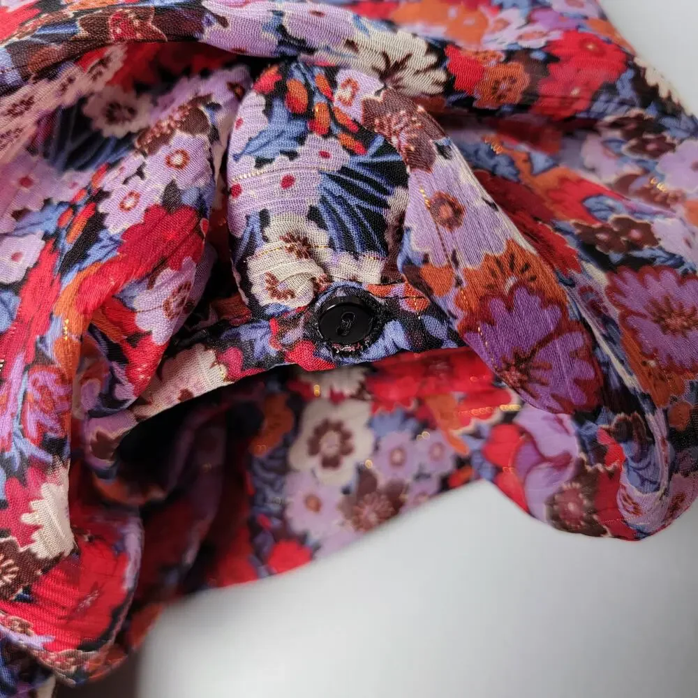 Zara Ruched Floral‎ Puff-Sleeve Mini Dress XS Red Purple Cocktail Party Romantic